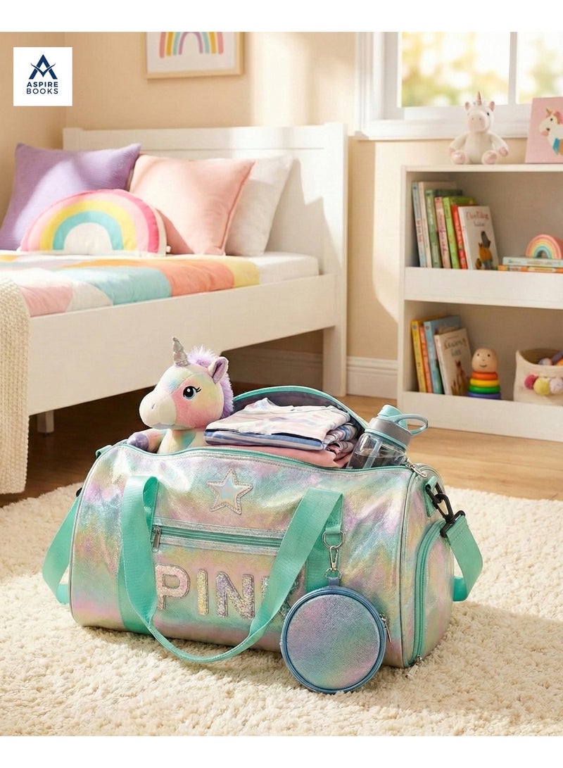 Aspire Books Kids Holographic Duffle Bag with Coin Pouch – Travel Weekender & Dance Bag for Girls Perfect for Shopping, Outings, and Sleepovers (Mint Green/Rainbow) – Glitter Lettering, Star Patch, and Adjustable Strap - Image 1